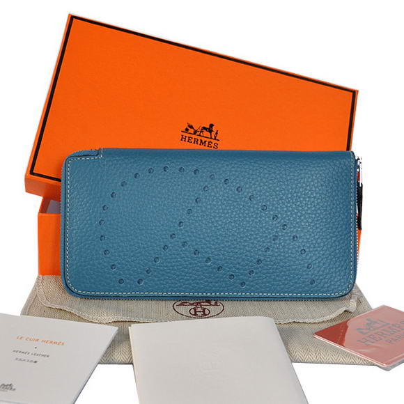 1:1 Quality Hermes Evelyn Long Wallet Zip Purse A808 Blue Replica - Click Image to Close